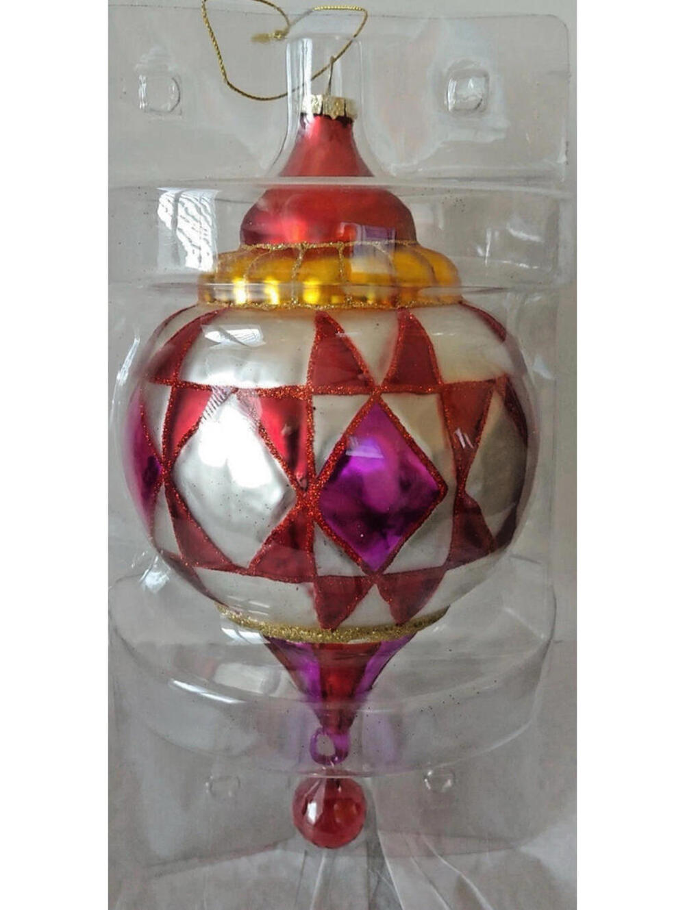 Jim Shore Large 12"  Drop Glass Christmas Ornament Purple Red Gold Silver Yellow